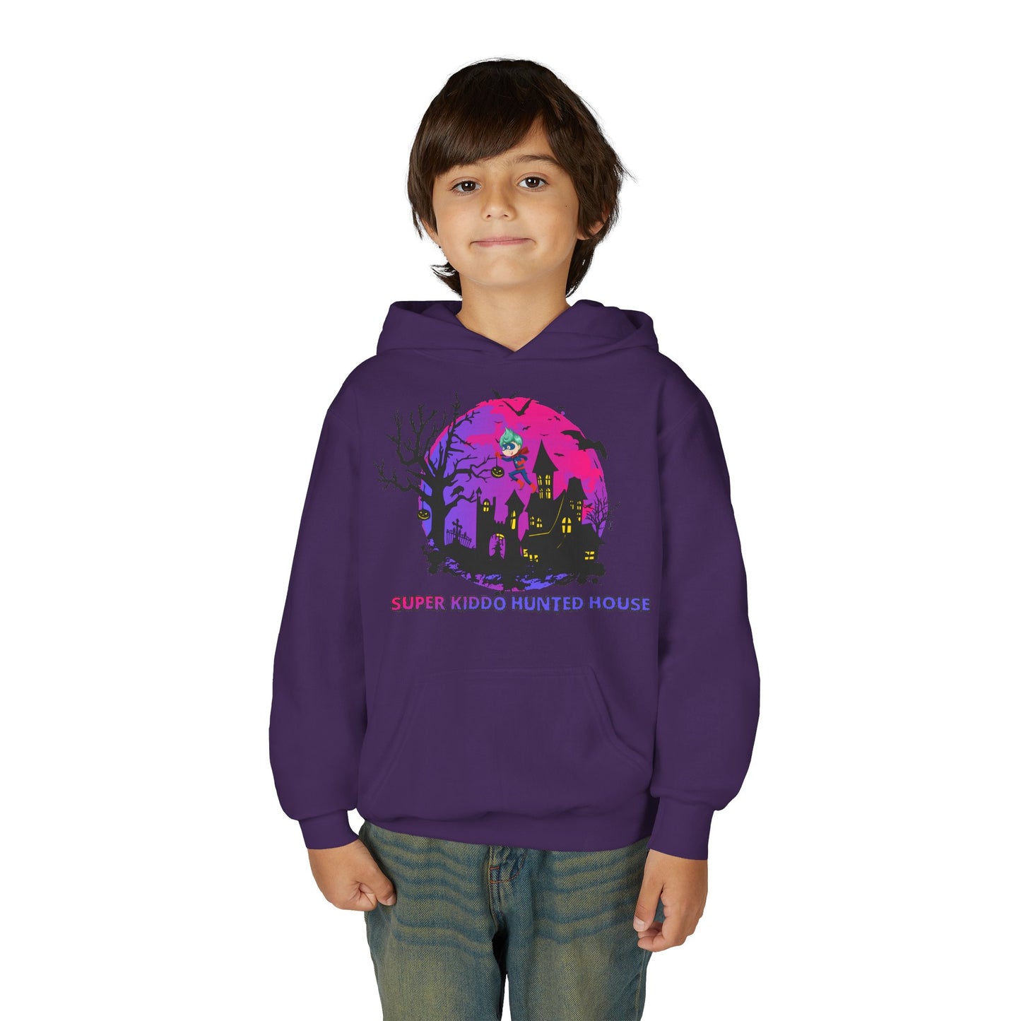 Youth Heavy Blend Hooded Sweatshirt - Super kiddo flying on hunted house