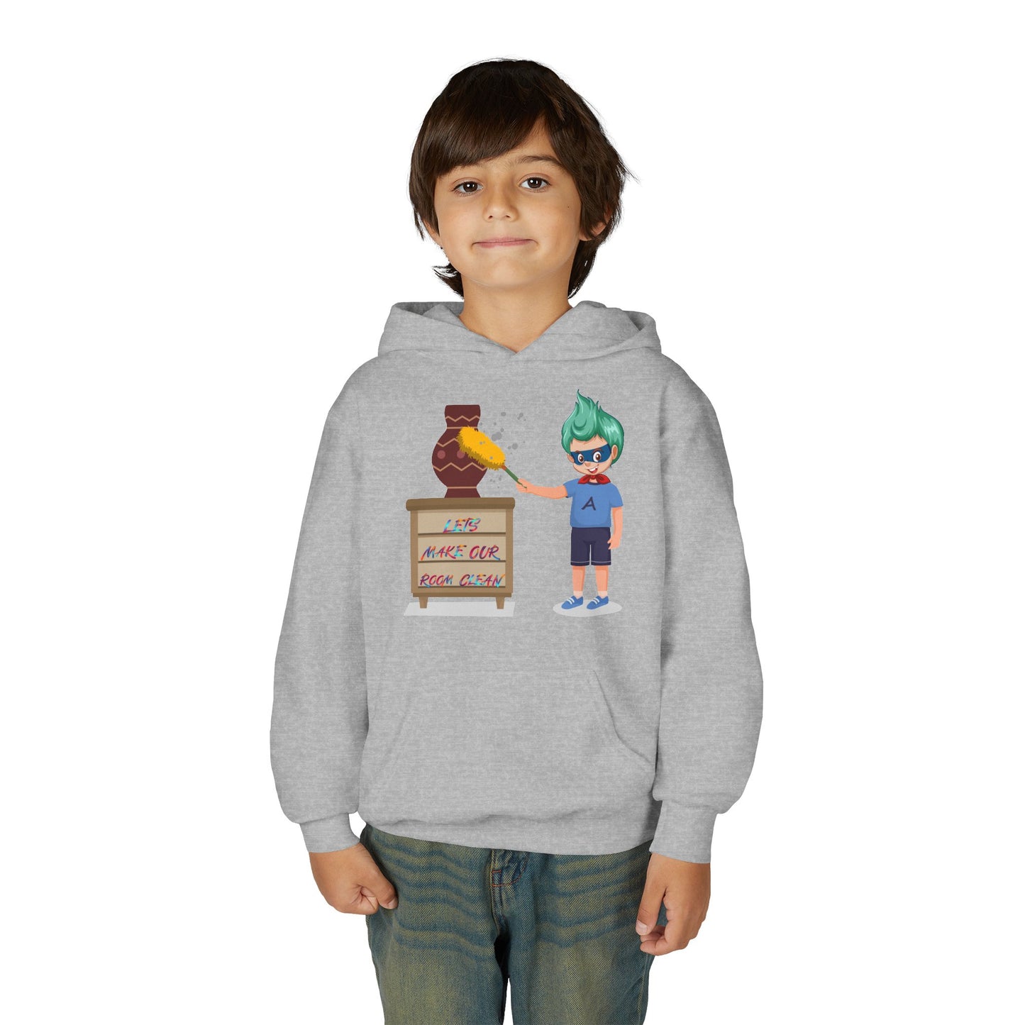Youth Heavy Blend Hooded Sweatshirt - Super kiddo cleaning a vase