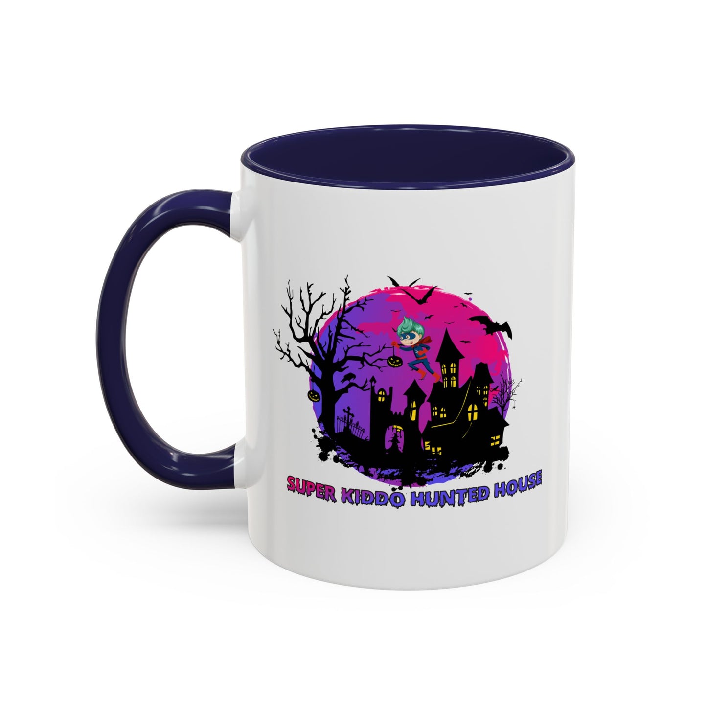 Accent Coffee Mug - Super kiddo flying on hunted house