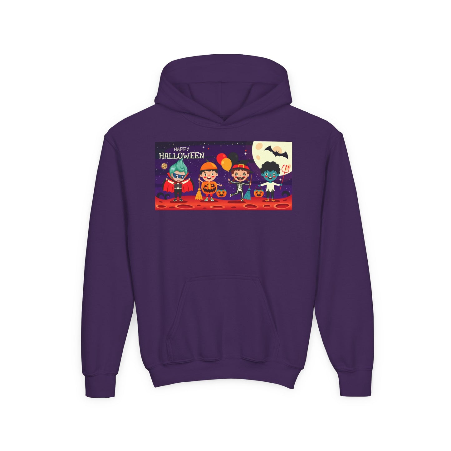 Youth Heavy Blend Hooded Sweatshirt - Super kiddo with friends on holloween