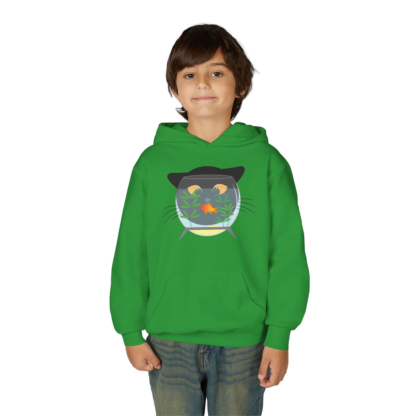 Youth Heavy Blend Hooded Sweatshirt -  Black cat and gold fish
