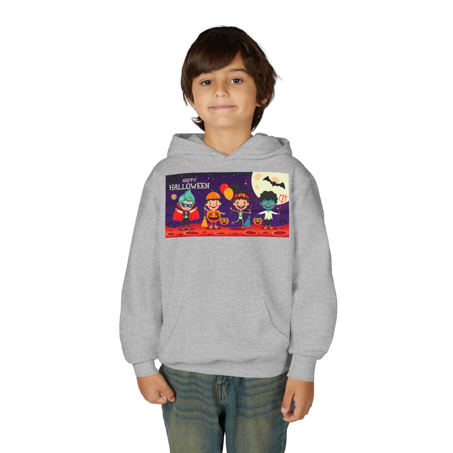 Youth Heavy Blend Hooded Sweatshirt - Super kiddo with friends on holloween