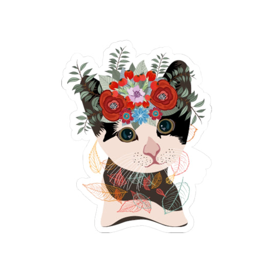 Kiss-Cut Vinyl Decals - Lovely cat with crown flowers Printify