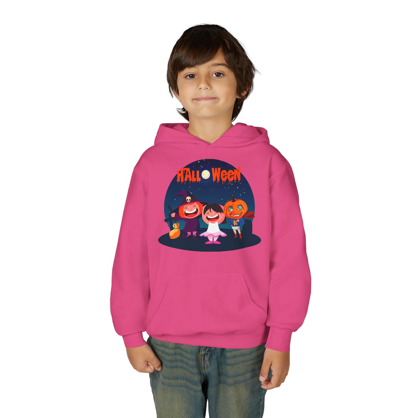 Youth Heavy Blend Hooded Sweatshirt - Super kiddo wearing pumpkin