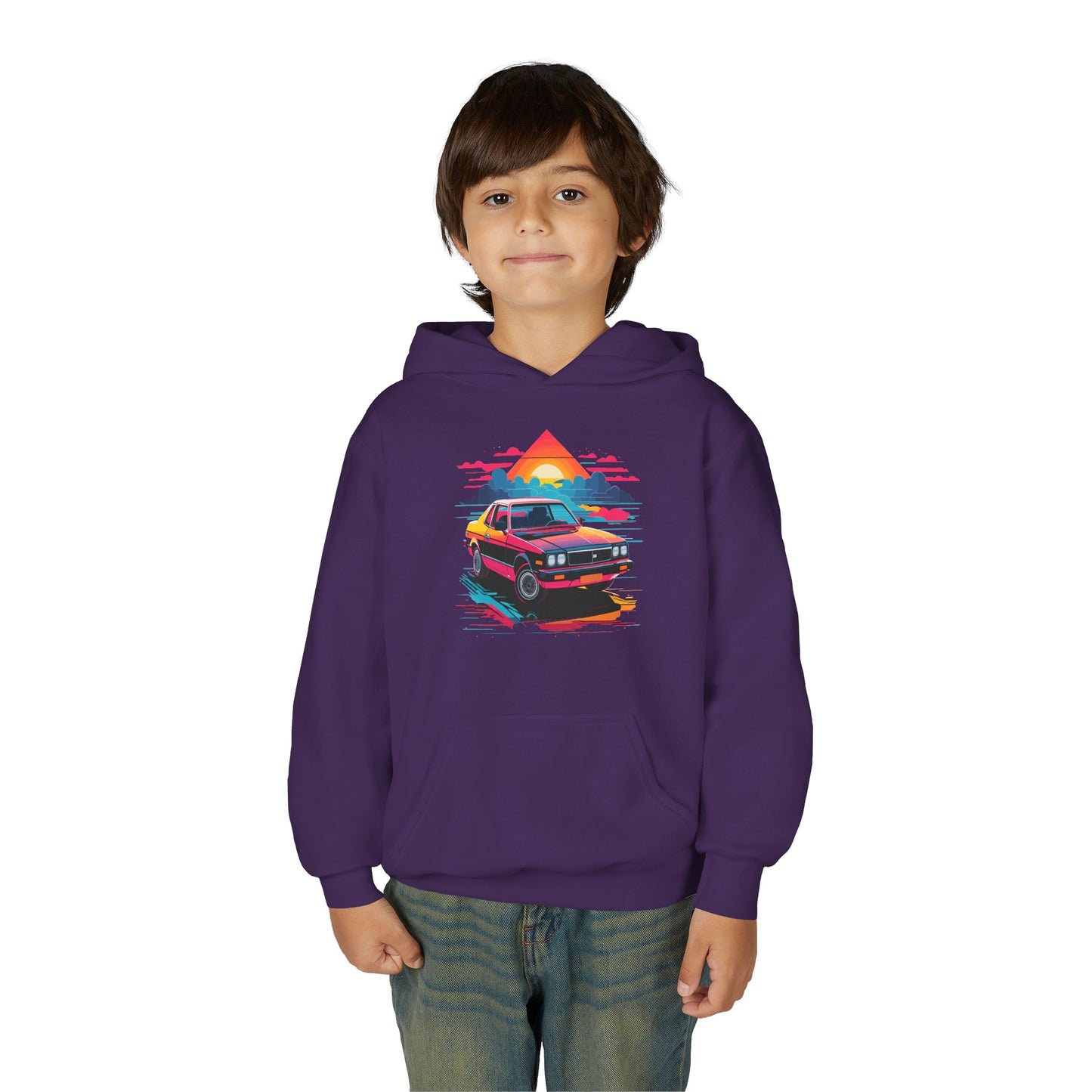 Youth Heavy Blend Hooded Sweatshirt - Retro Car and Sunset