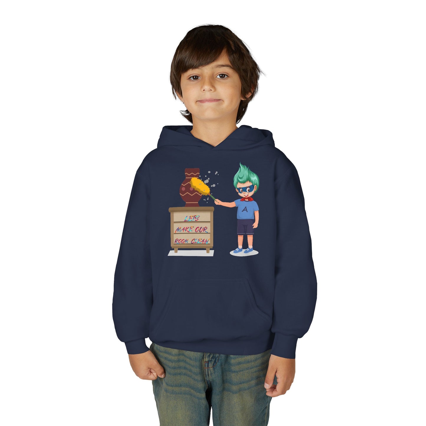 Youth Heavy Blend Hooded Sweatshirt - Super kiddo cleaning a vase