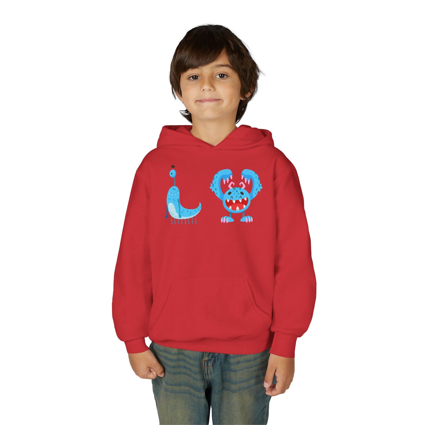 Youth Heavy Blend Hooded Sweatshirt - Happy toothy blue monsters