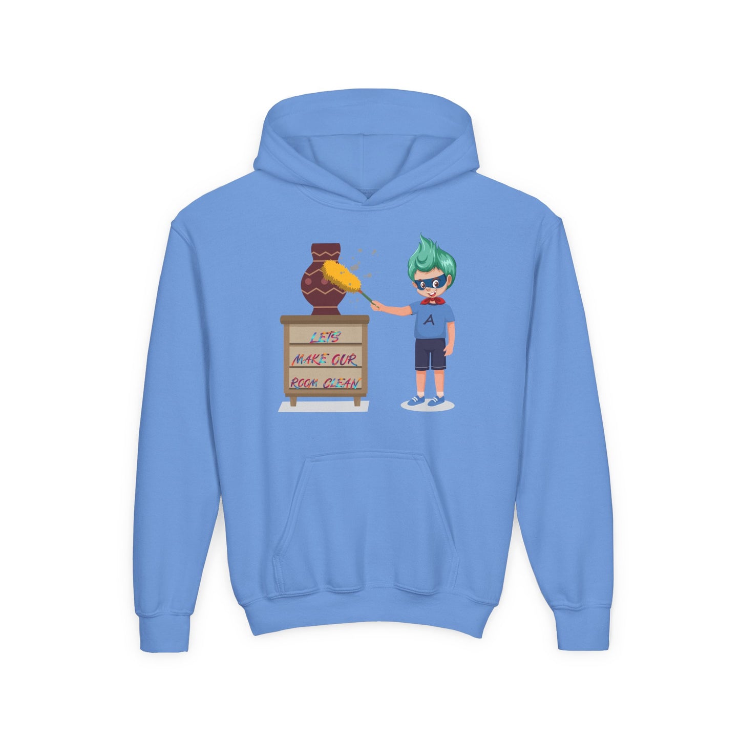 Youth Heavy Blend Hooded Sweatshirt - Super kiddo cleaning a vase