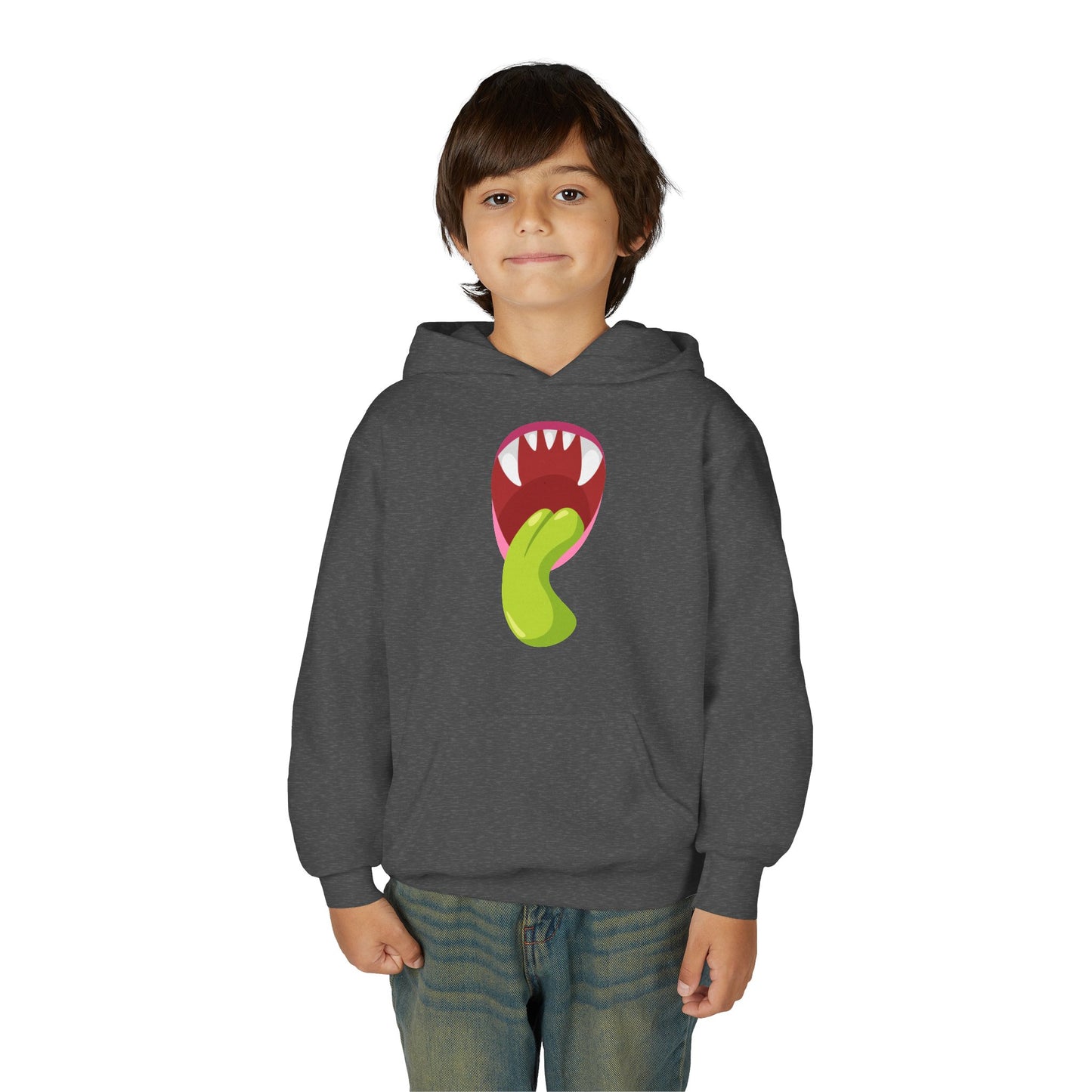 Youth Heavy Blend Hooded Sweatshirt - Monster showing tongue