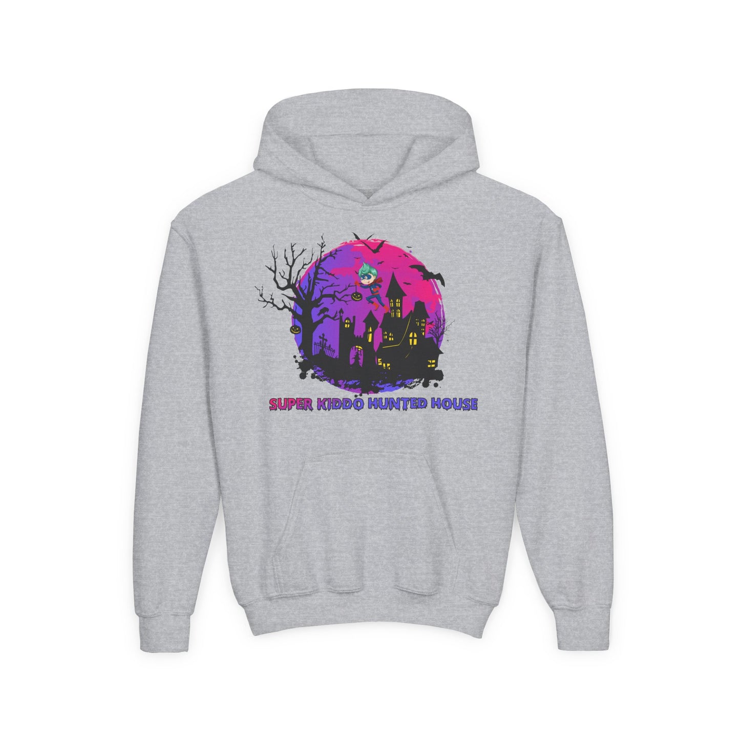Youth Heavy Blend Hooded Sweatshirt - Super kiddo flying on hunted house