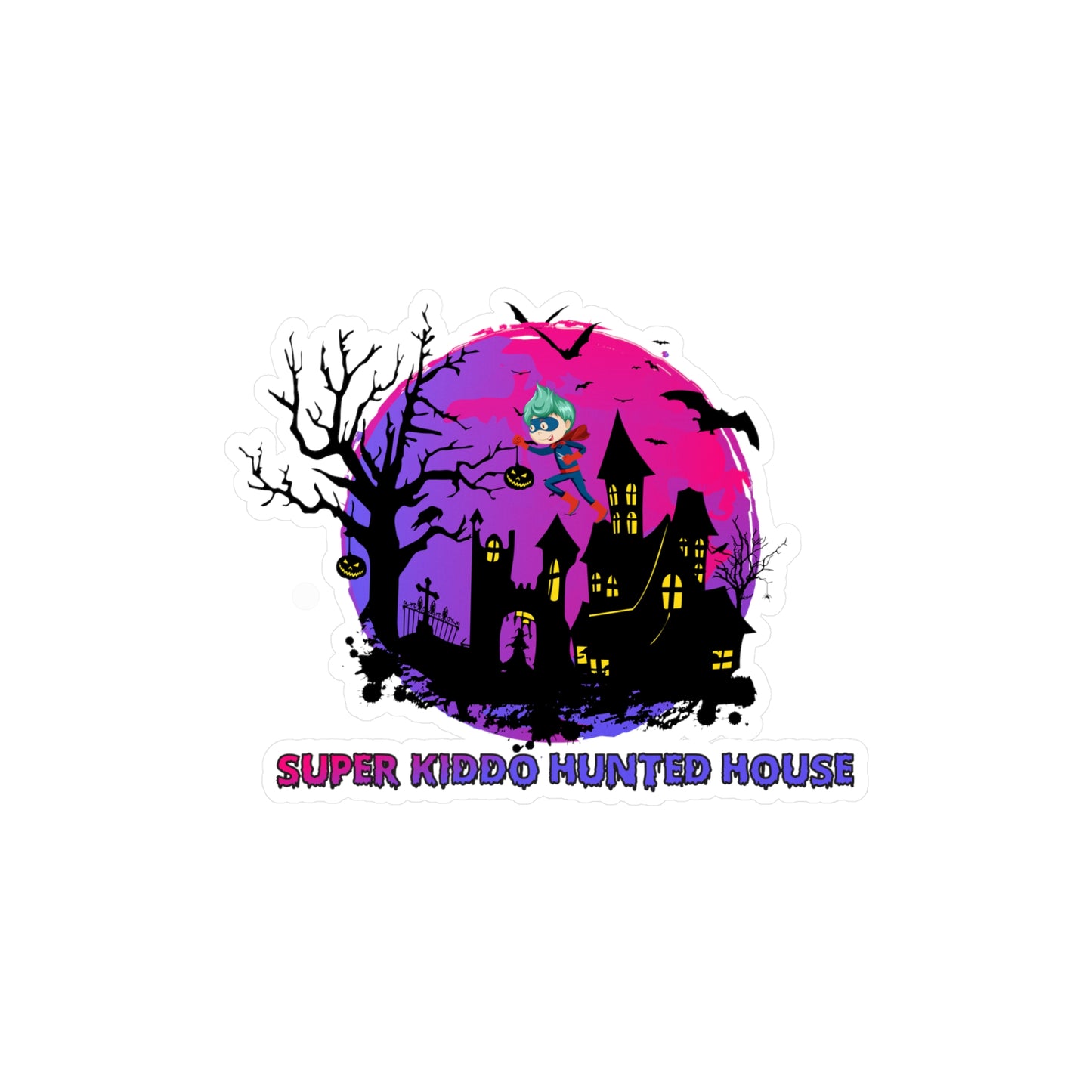 Halloween Kiss-Cut Vinyl Decals – Super kiddo flying on hunted house