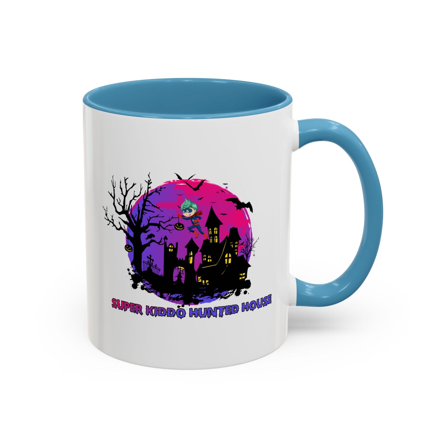 Accent Coffee Mug - Super kiddo flying on hunted house