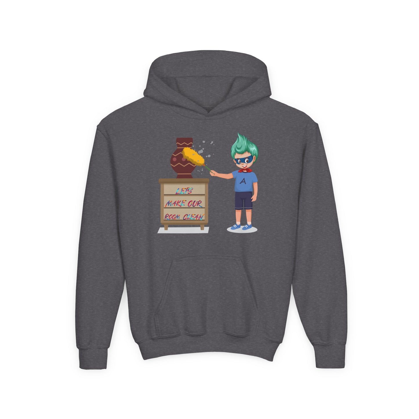 Youth Heavy Blend Hooded Sweatshirt - Super kiddo cleaning a vase