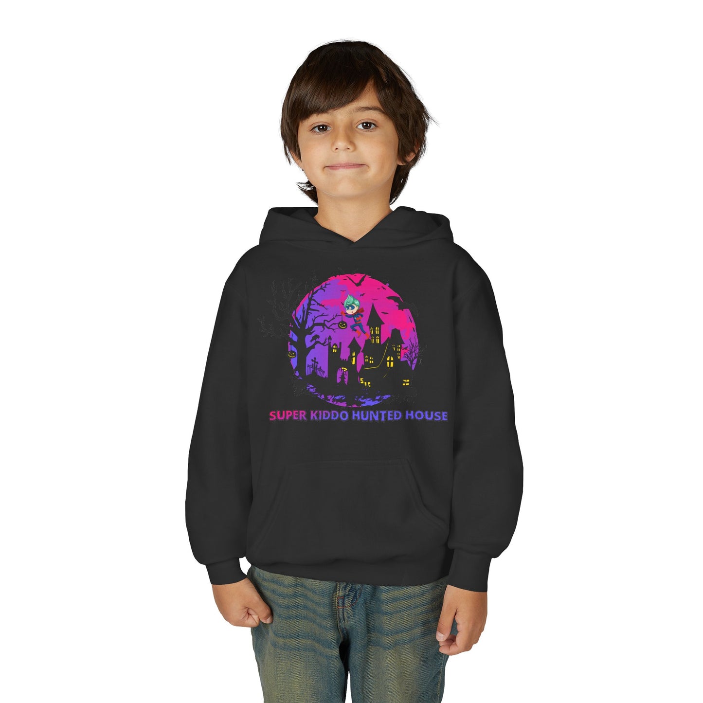 Youth Heavy Blend Hooded Sweatshirt - Super kiddo flying on hunted house