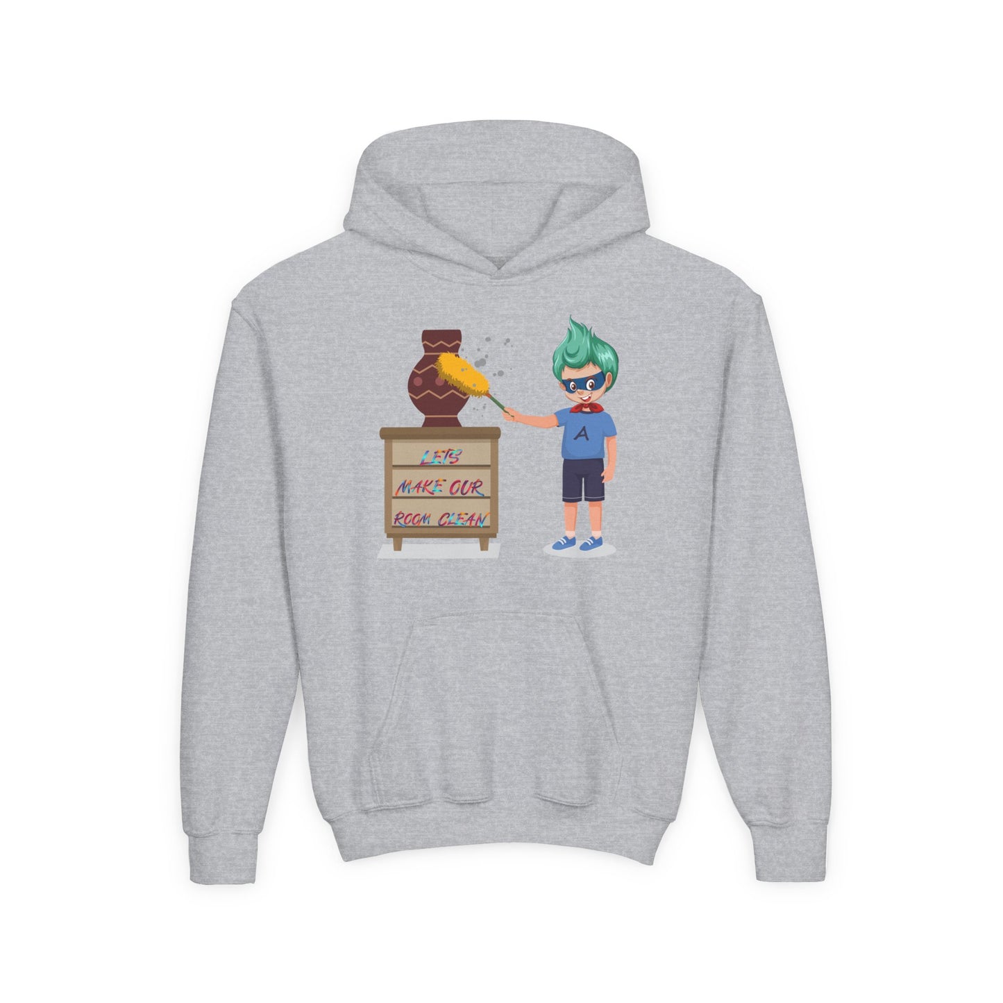 Youth Heavy Blend Hooded Sweatshirt - Super kiddo cleaning a vase