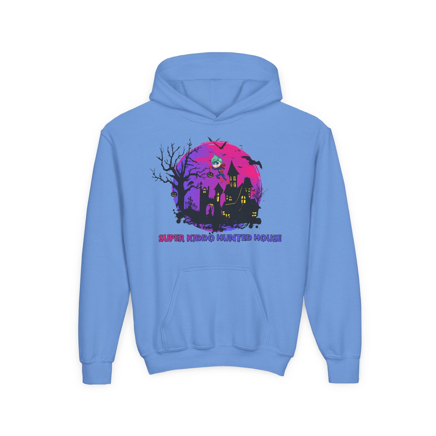 Youth Heavy Blend Hooded Sweatshirt - Super kiddo flying on hunted house