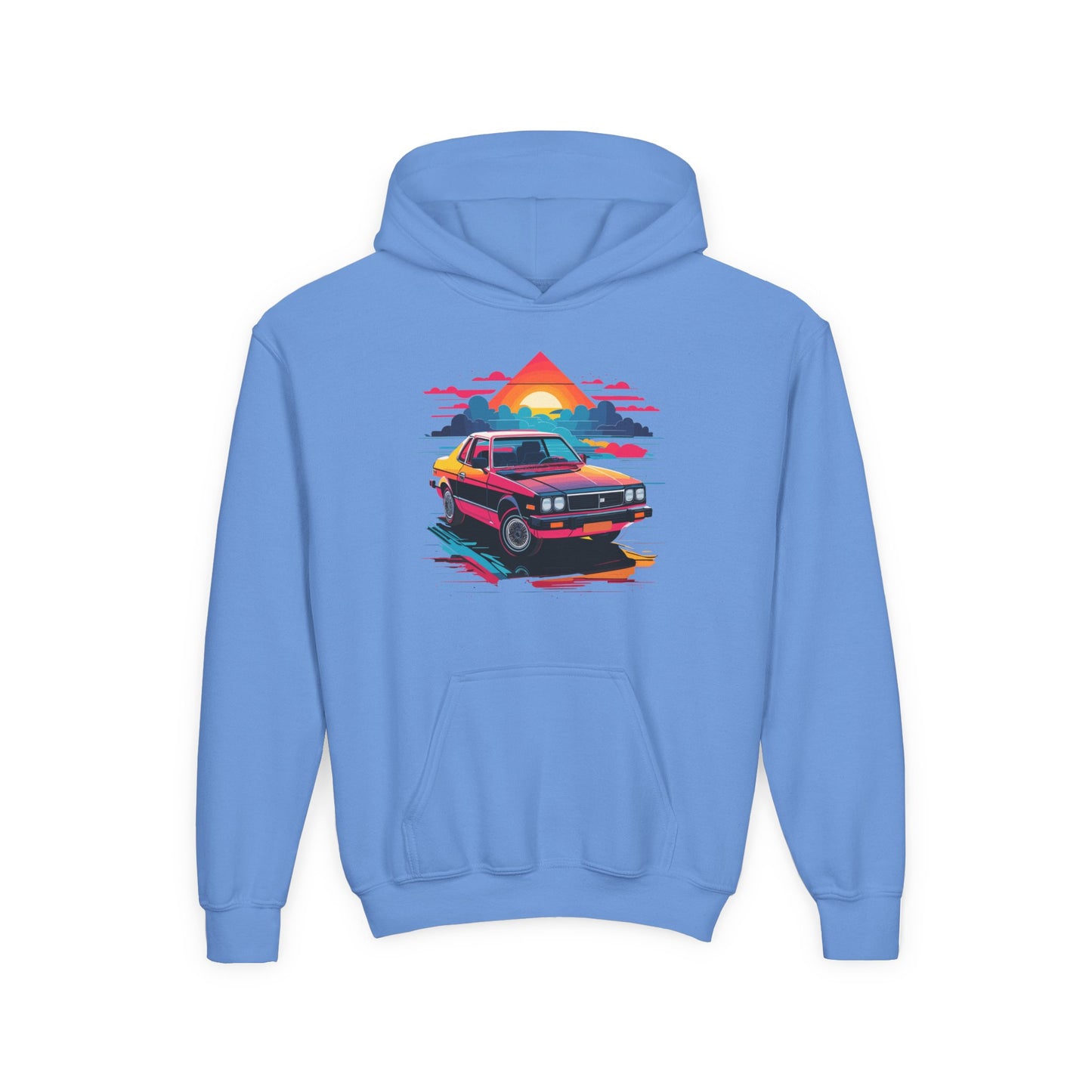Youth Heavy Blend Hooded Sweatshirt - Retro Car and Sunset