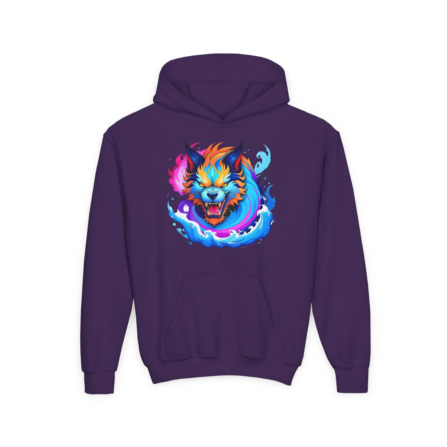 Youth Heavy Blend Hooded Sweatshirt - Vibrant Wolf Design