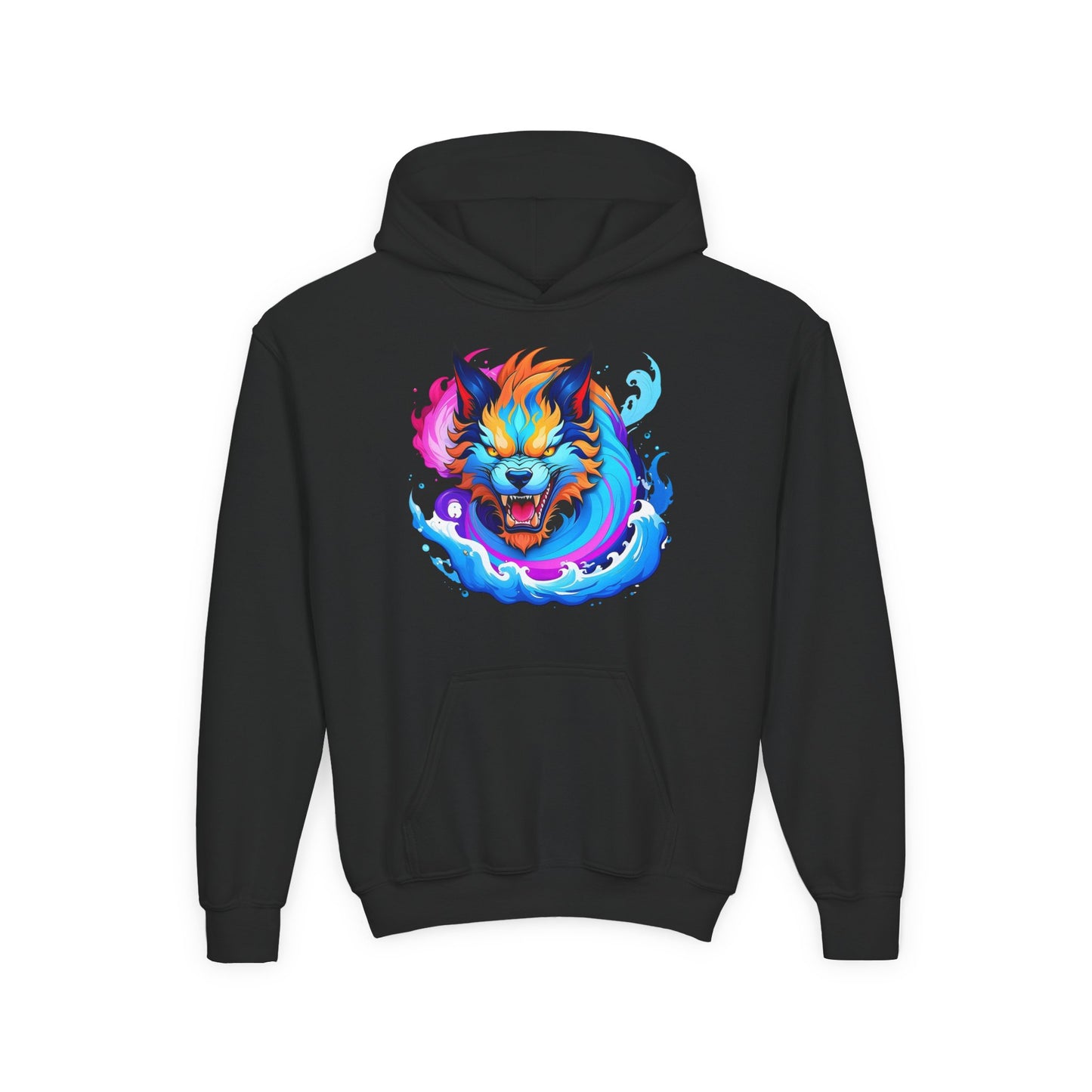 Youth Heavy Blend Hooded Sweatshirt - Vibrant Wolf Design