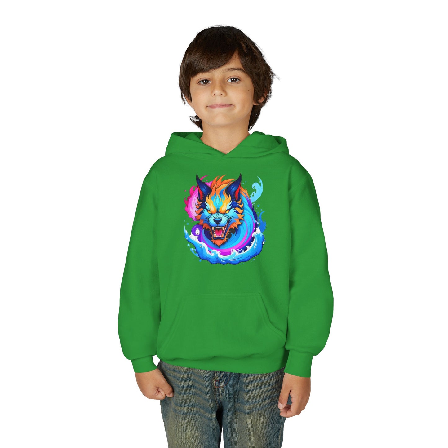 Youth Heavy Blend Hooded Sweatshirt - Vibrant Wolf Design