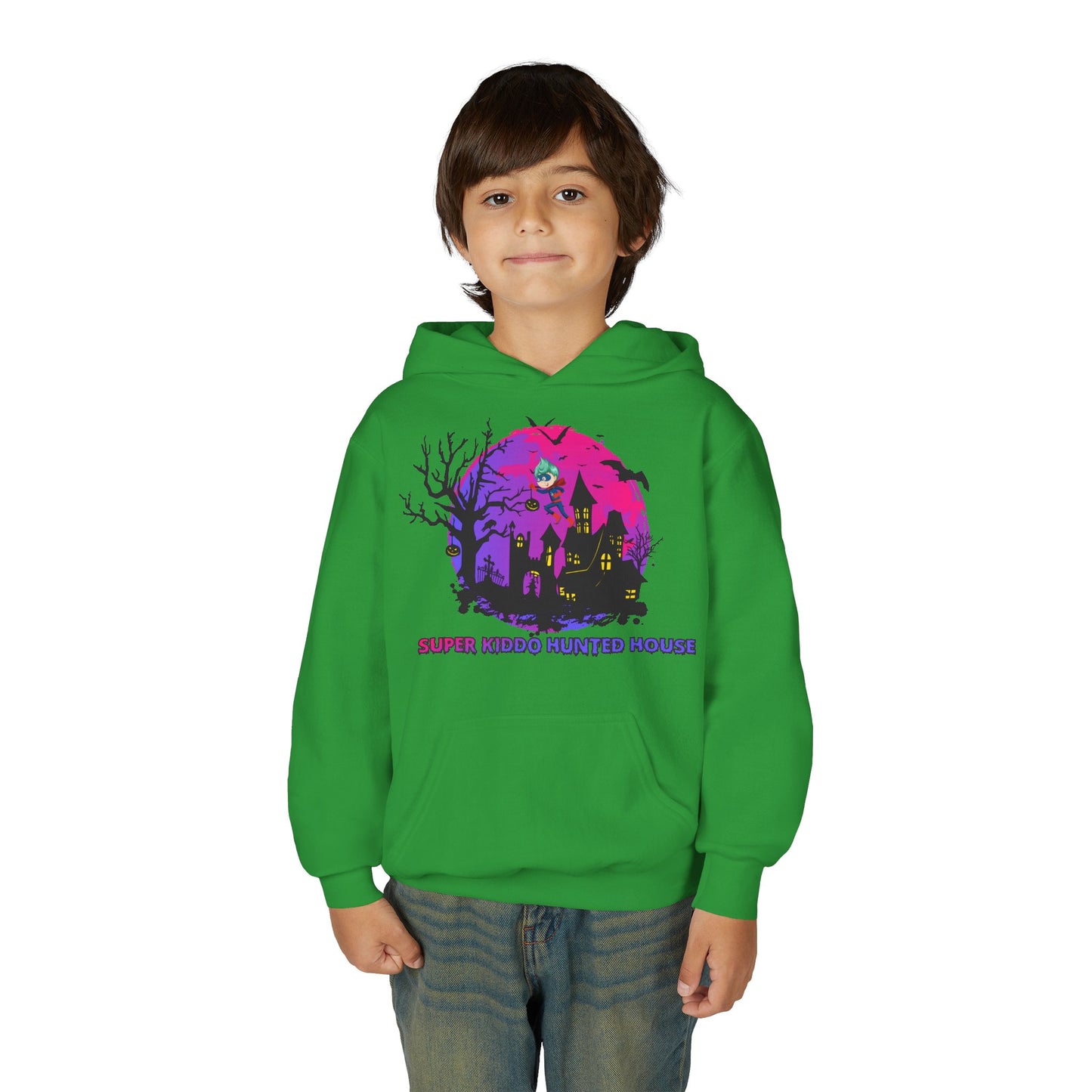 Youth Heavy Blend Hooded Sweatshirt - Super kiddo flying on hunted house