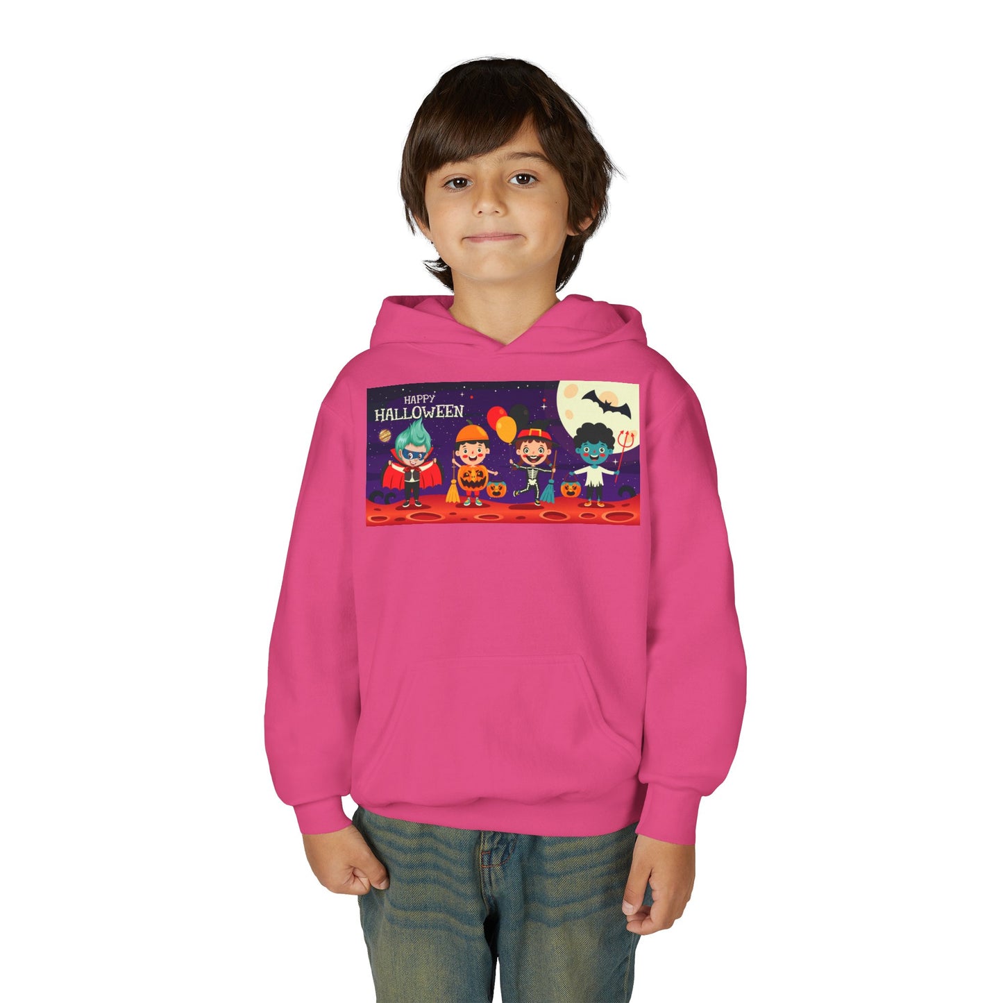 Youth Heavy Blend Hooded Sweatshirt - Super kiddo with friends on holloween