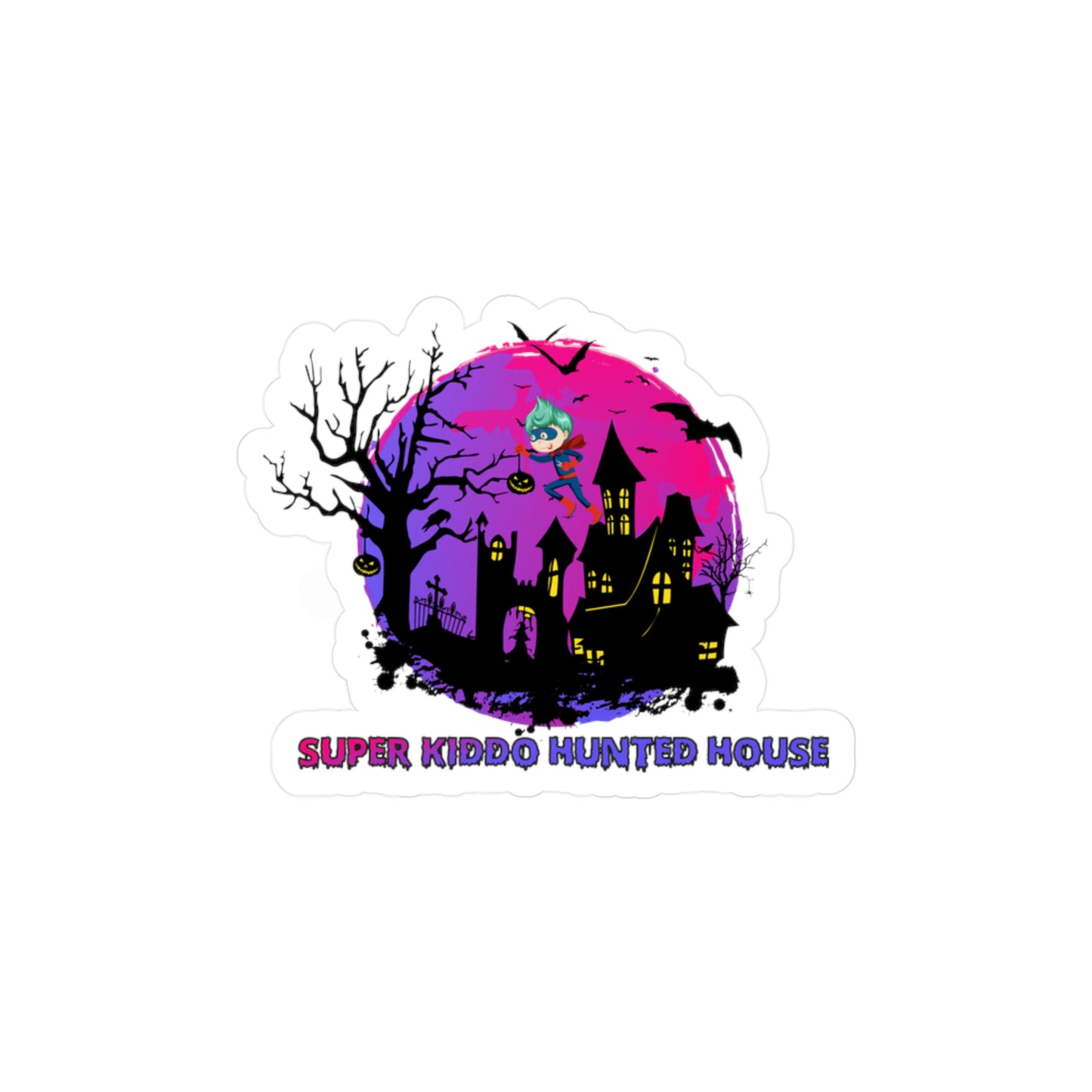 Halloween Kiss-Cut Vinyl Decals – Super kiddo flying on hunted house