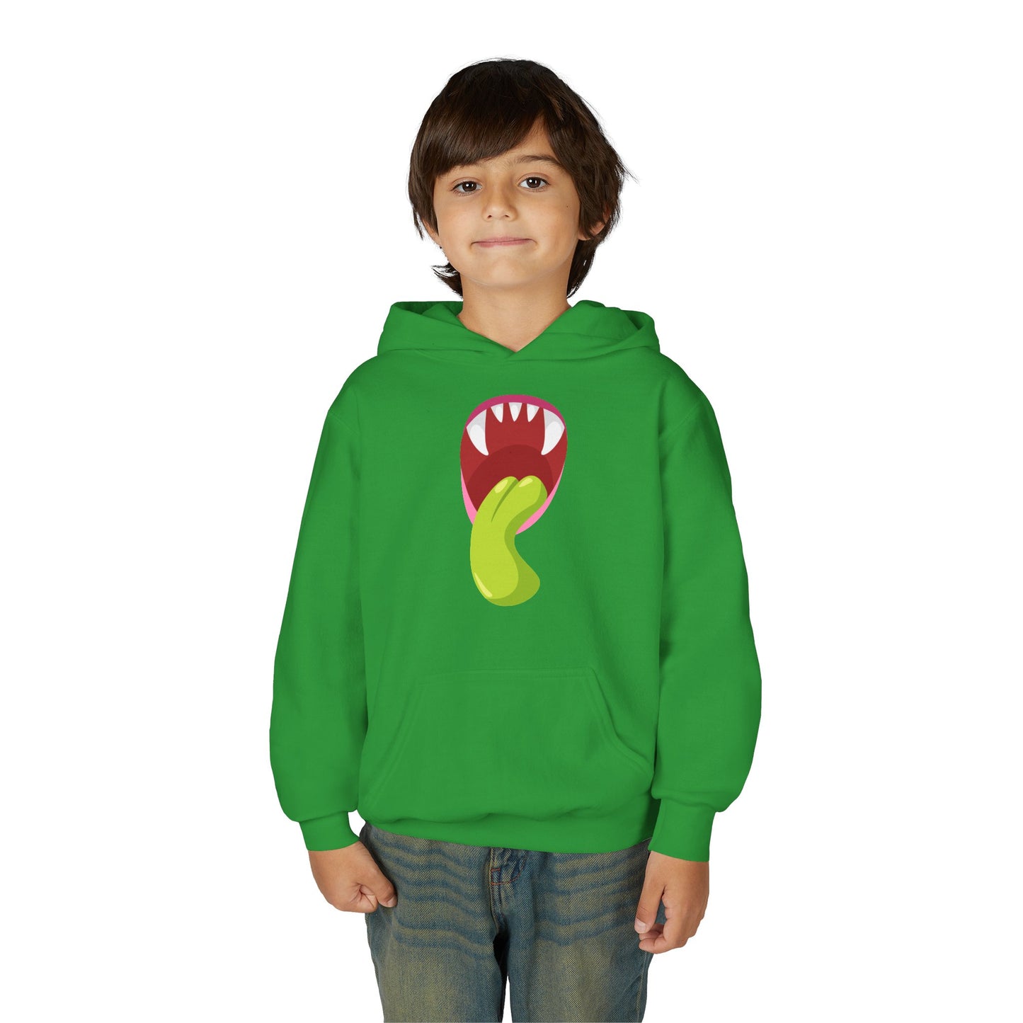 Youth Heavy Blend Hooded Sweatshirt - Monster showing tongue