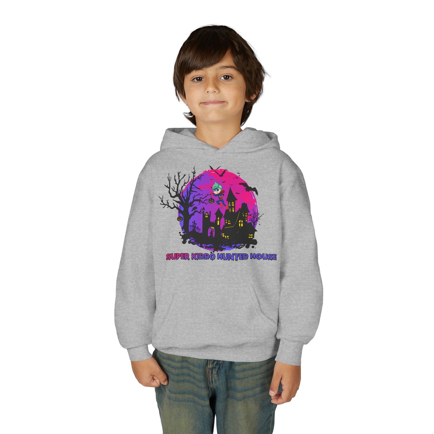 Youth Heavy Blend Hooded Sweatshirt - Super kiddo flying on hunted house