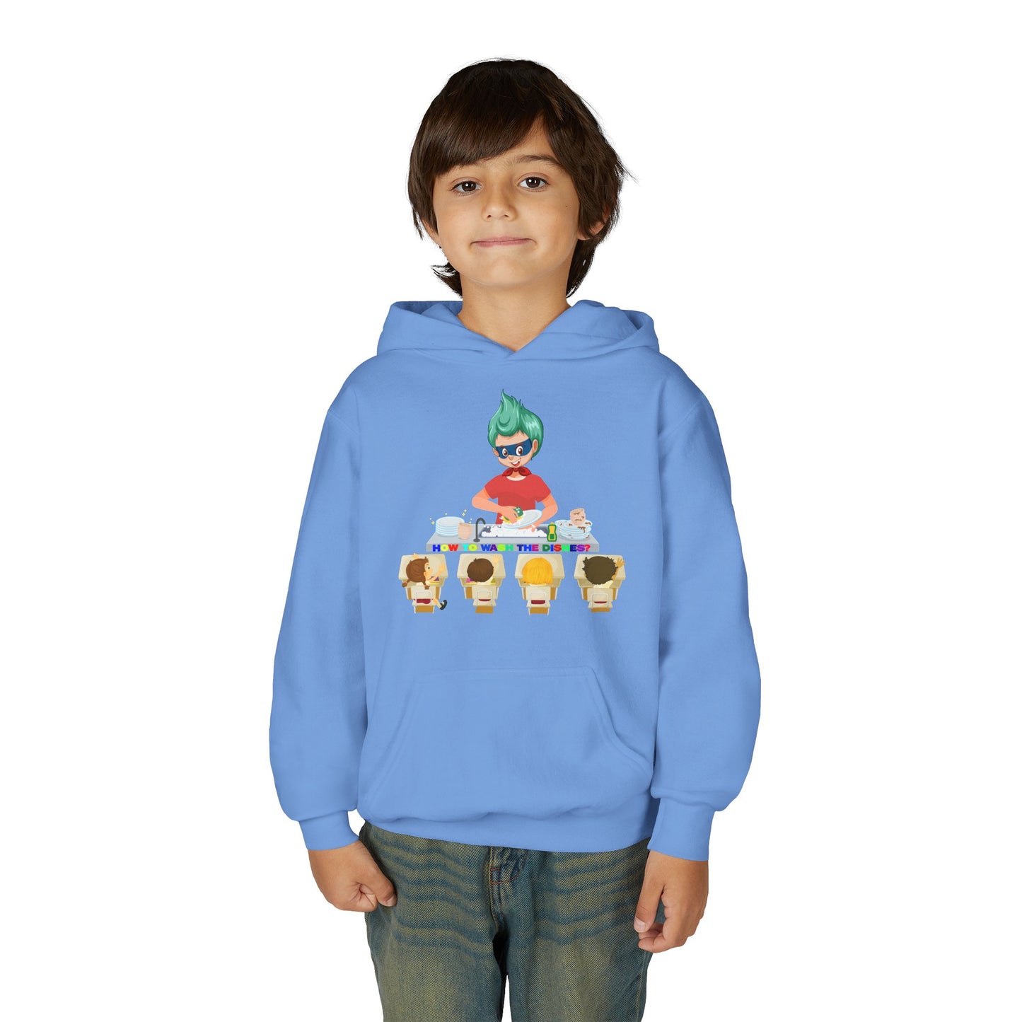 Youth Heavy Blend Hooded Sweatshirt - Little kiddo teaching to wash dishes