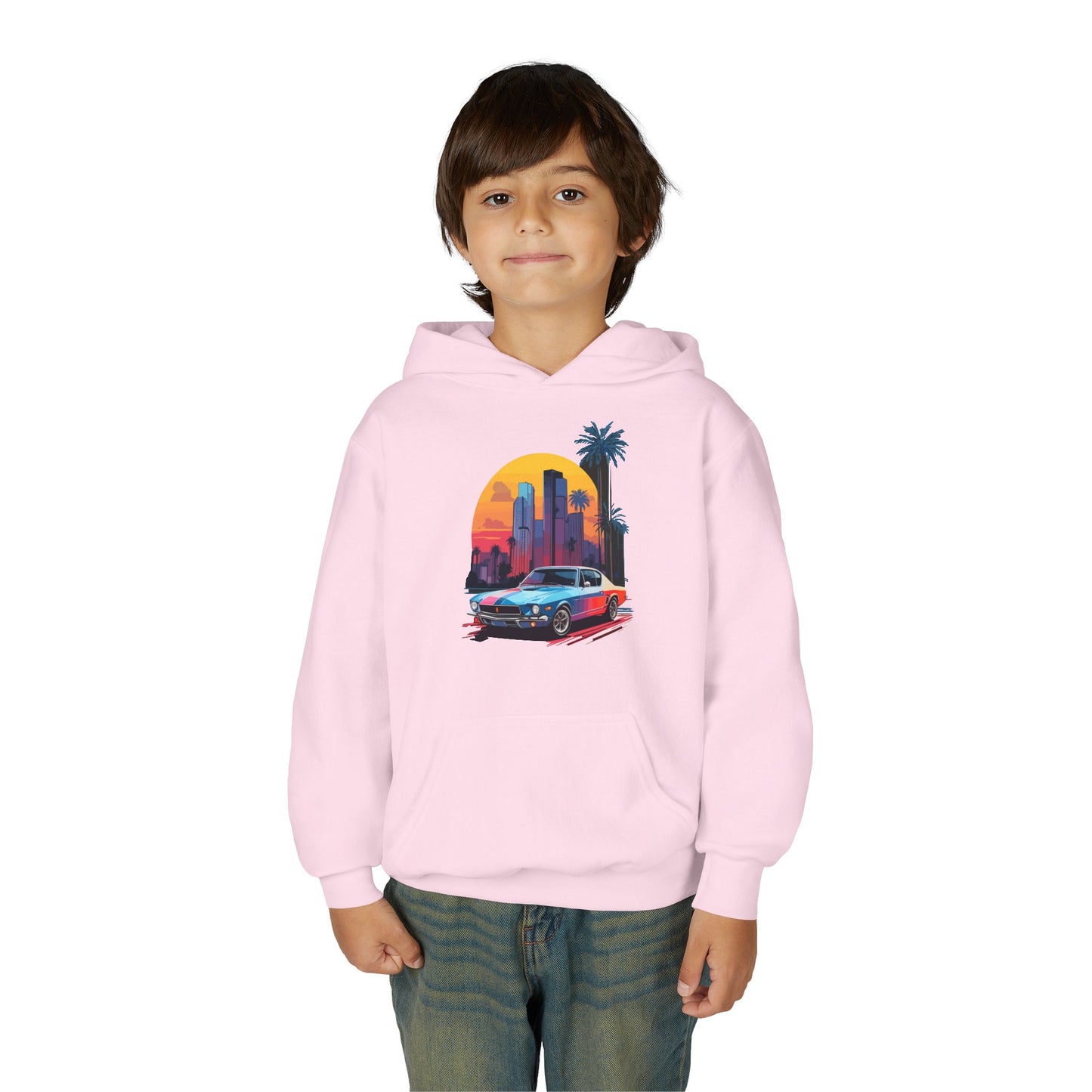 Youth Heavy Blend Hooded Sweatshirt - Vintage Car Sunset