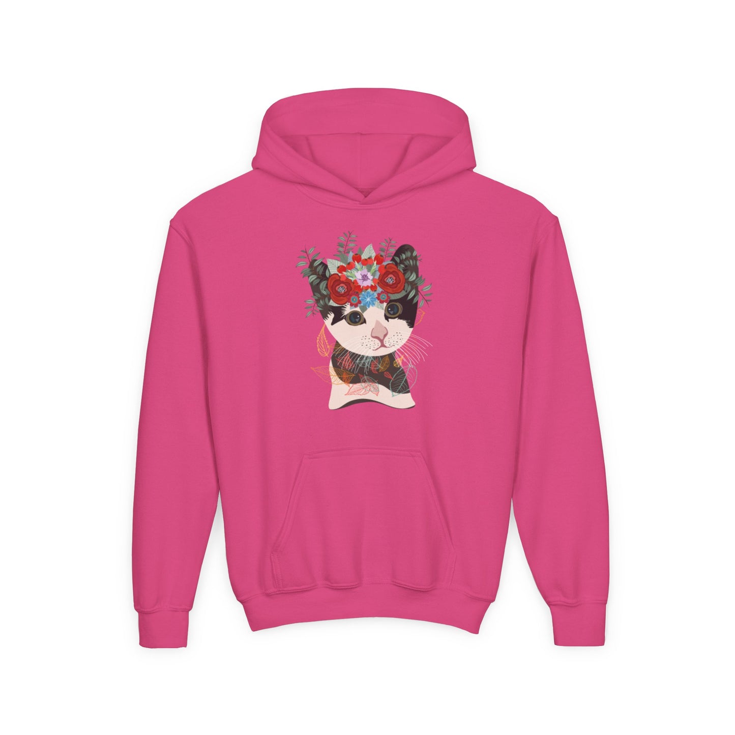 Youth Heavy Blend Hooded Sweatshirt - Lovely cat with crown flower