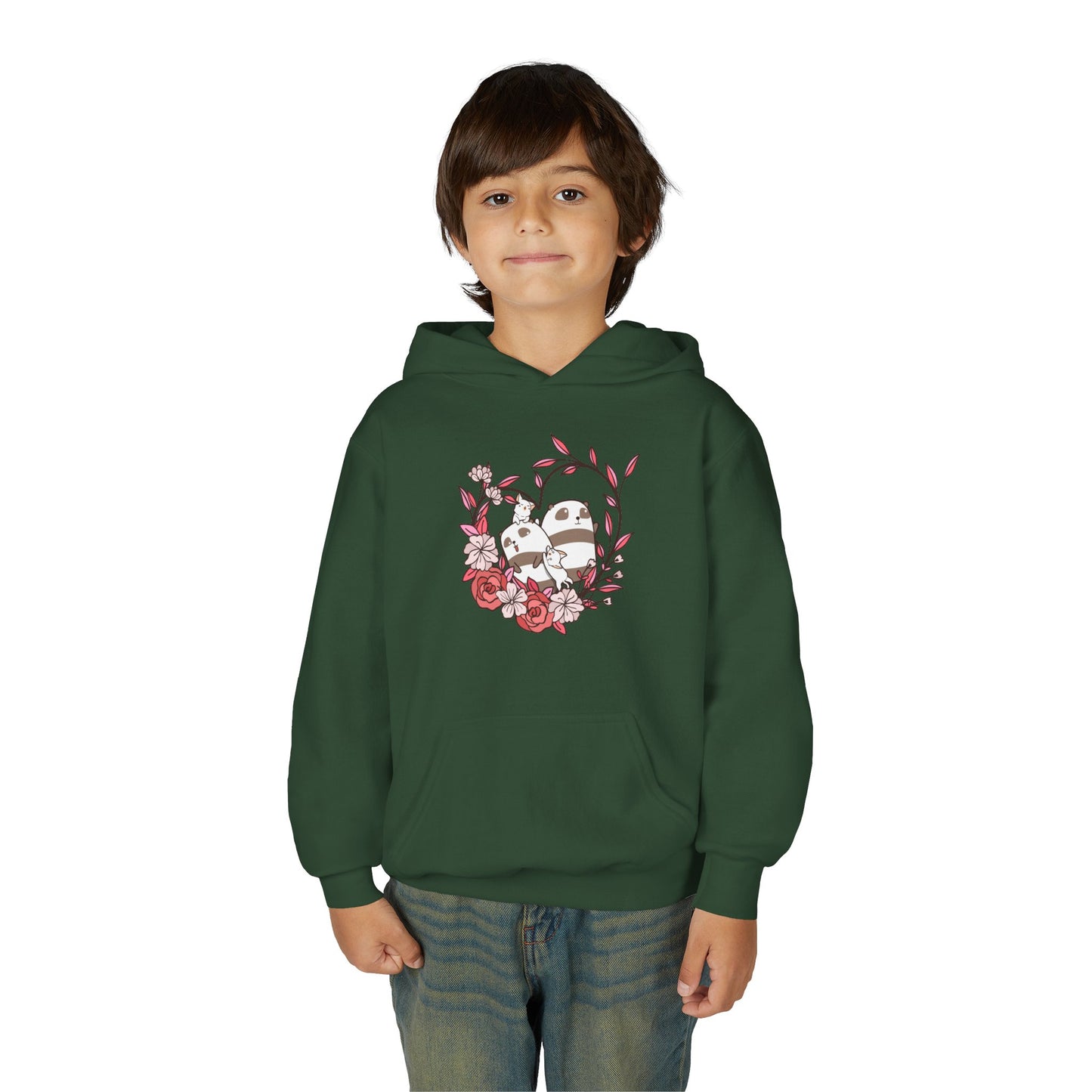 Youth Heavy Blend Hooded Sweatshirt - Panda and cat love