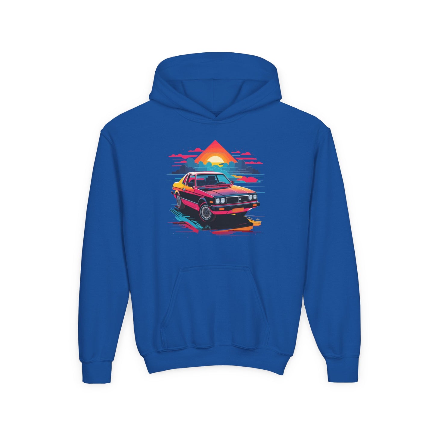 Youth Heavy Blend Hooded Sweatshirt - Retro Car and Sunset