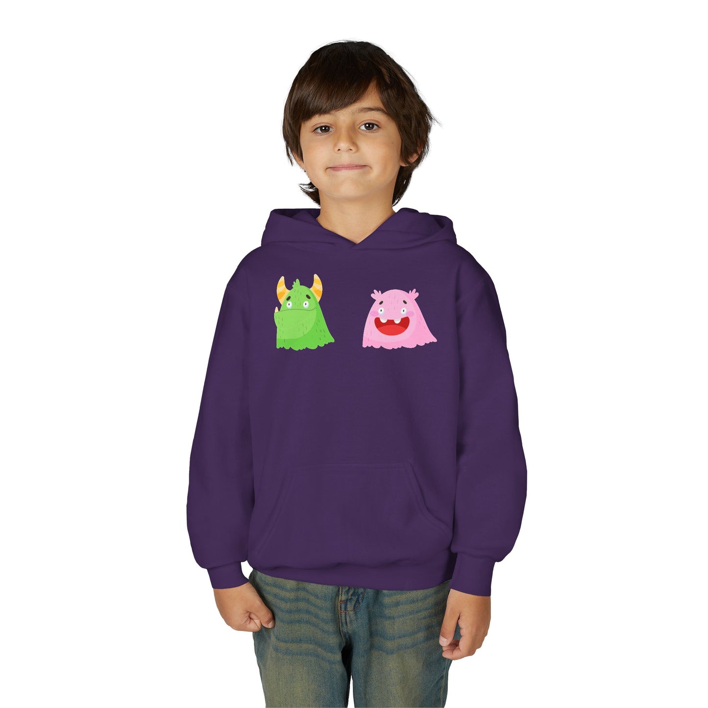 Youth Heavy Blend Hooded Sweatshirt - Green and pink monsters