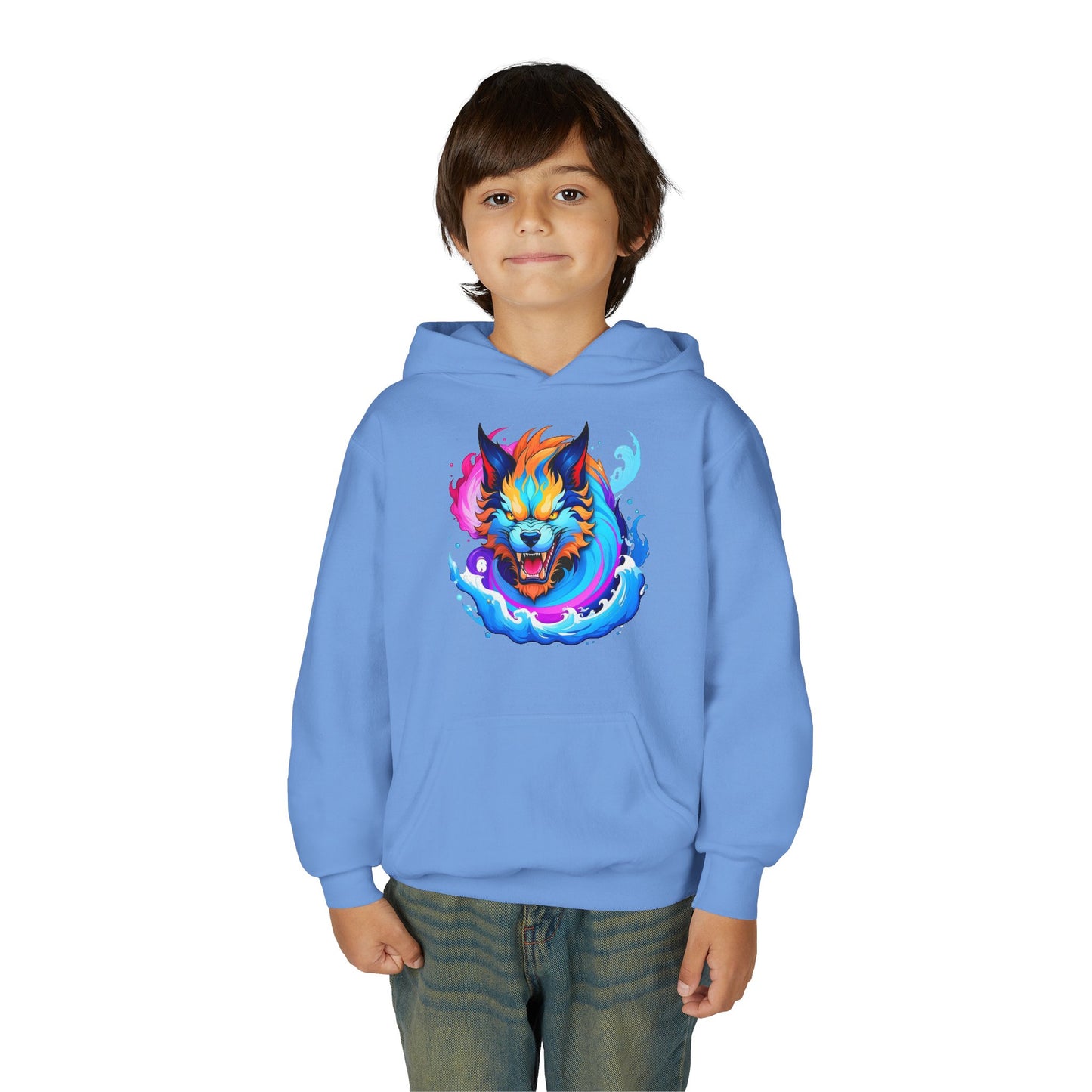 Youth Heavy Blend Hooded Sweatshirt - Vibrant Wolf Design