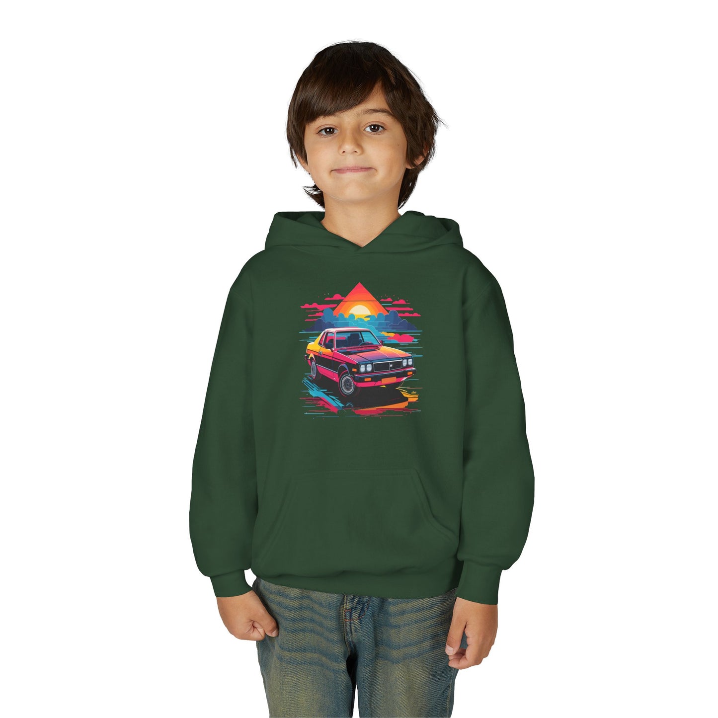 Youth Heavy Blend Hooded Sweatshirt - Retro Car and Sunset