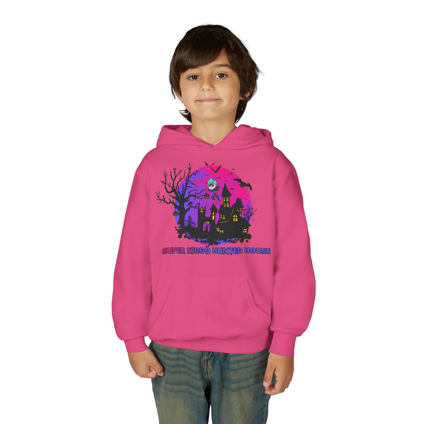 Youth Heavy Blend Hooded Sweatshirt - Super kiddo flying on hunted house