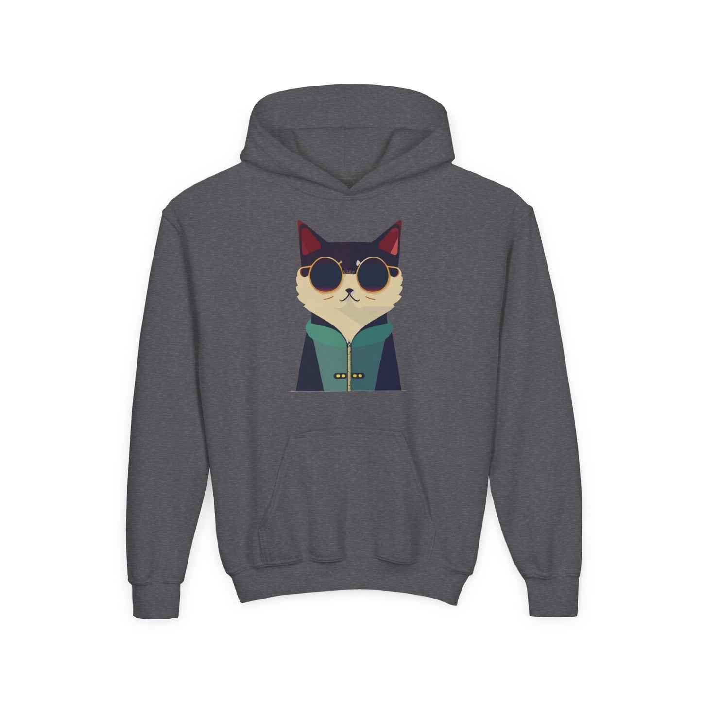 Youth Heavy Blend Hooded Sweatshirt - Cool Cat with Sunglasses