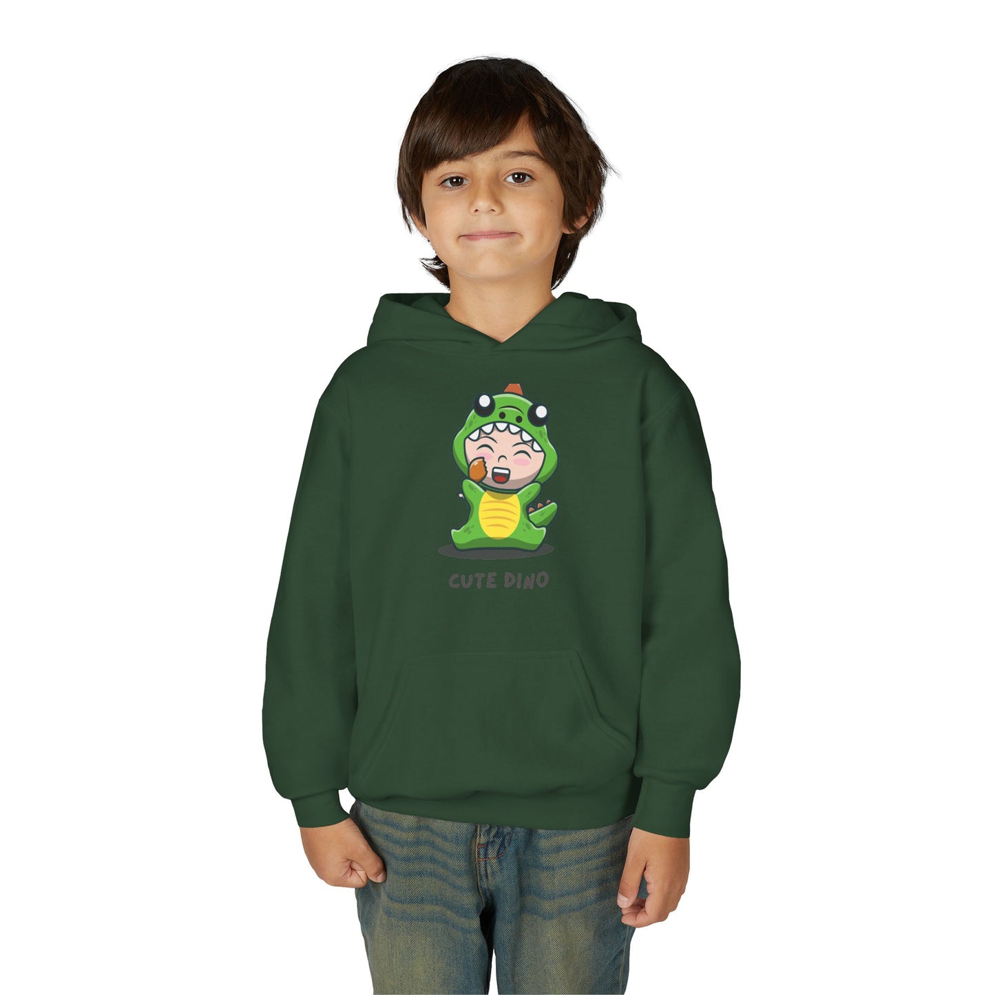 Youth Heavy Blend Hooded Sweatshirt - Green Cute Dino