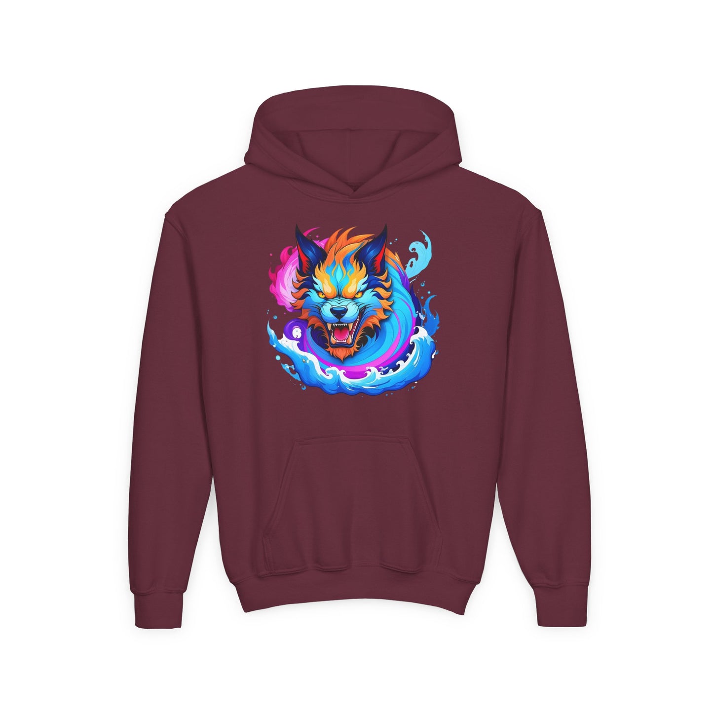 Youth Heavy Blend Hooded Sweatshirt - Vibrant Wolf Design