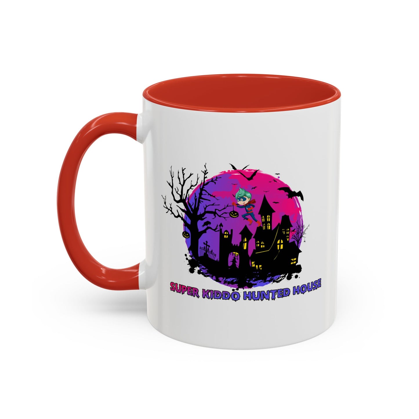 Accent Coffee Mug - Super kiddo flying on hunted house