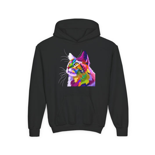 Youth hoodie with adorable cat design Printify