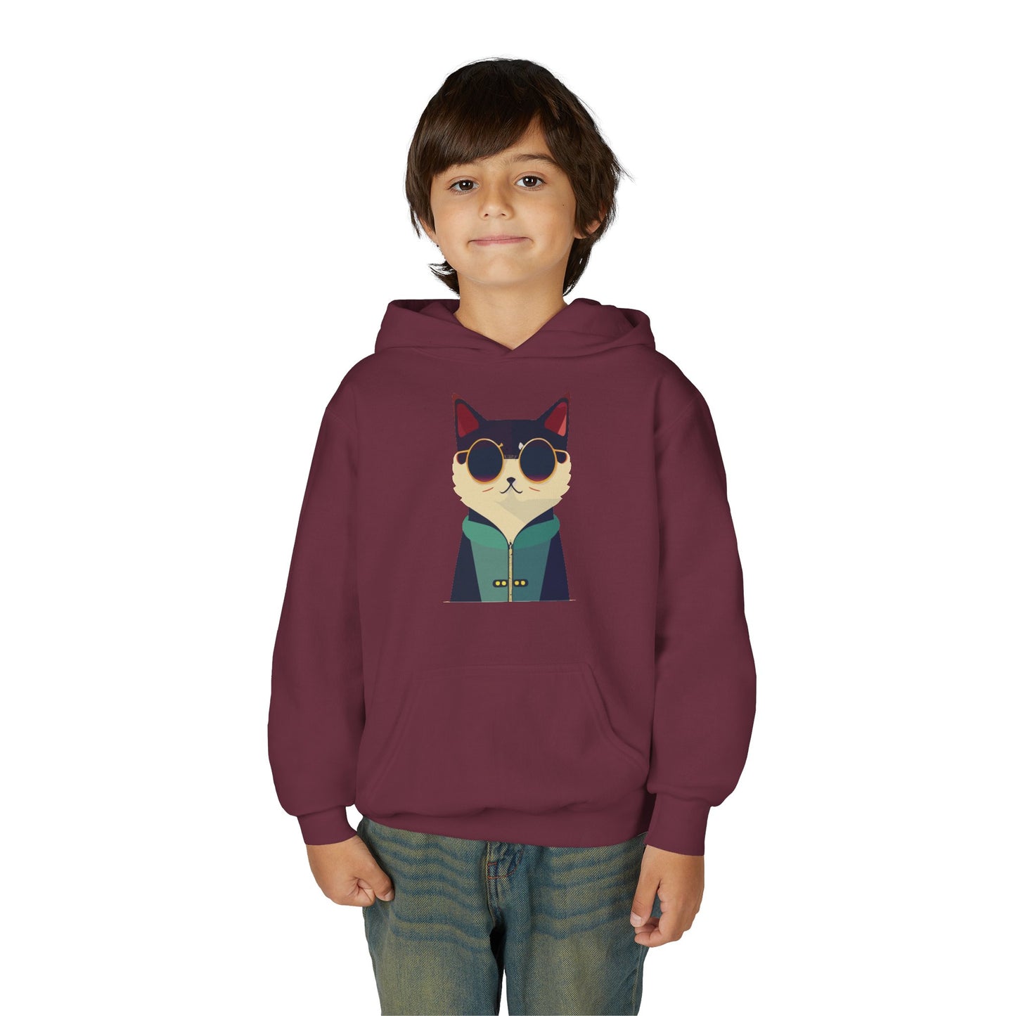 Youth Heavy Blend Hooded Sweatshirt - Cool Cat with Sunglasses