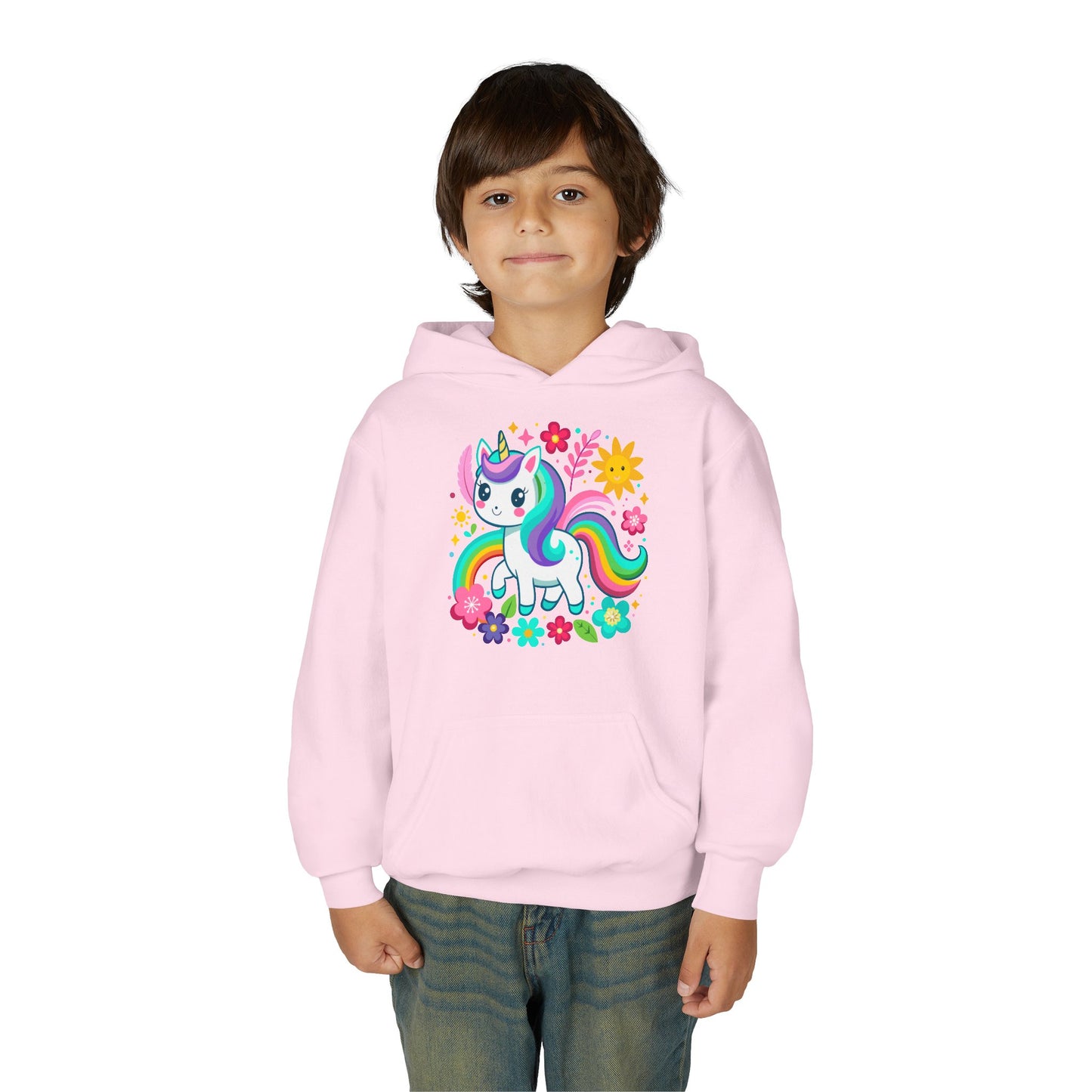 Youth Heavy Blend Hooded Sweatshirt - Unicorn with flowers
