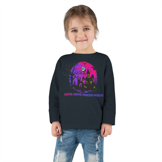 Toddler Long Sleeve Tee - Super kiddo flying on hunted house