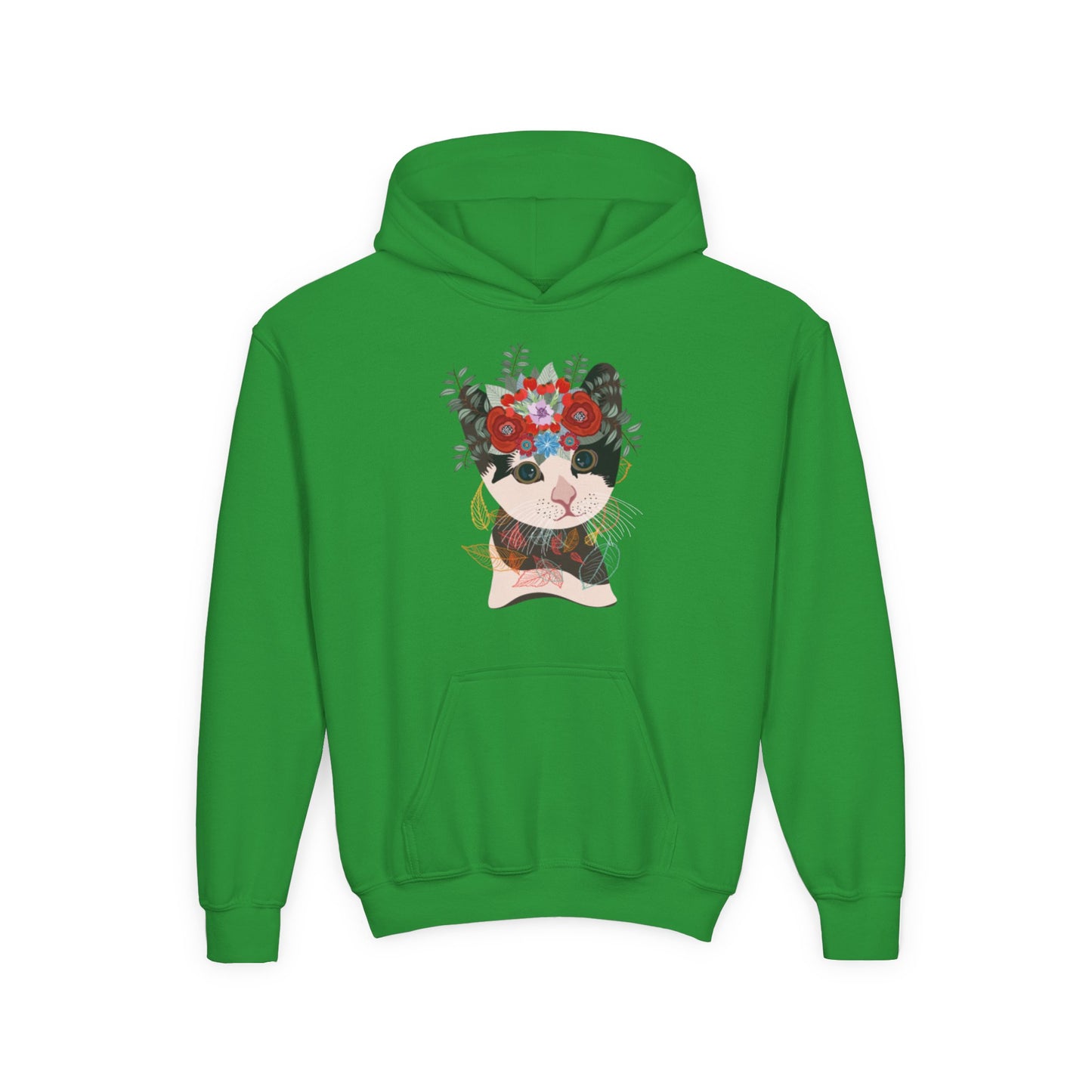 Youth Heavy Blend Hooded Sweatshirt - Lovely cat with crown flower