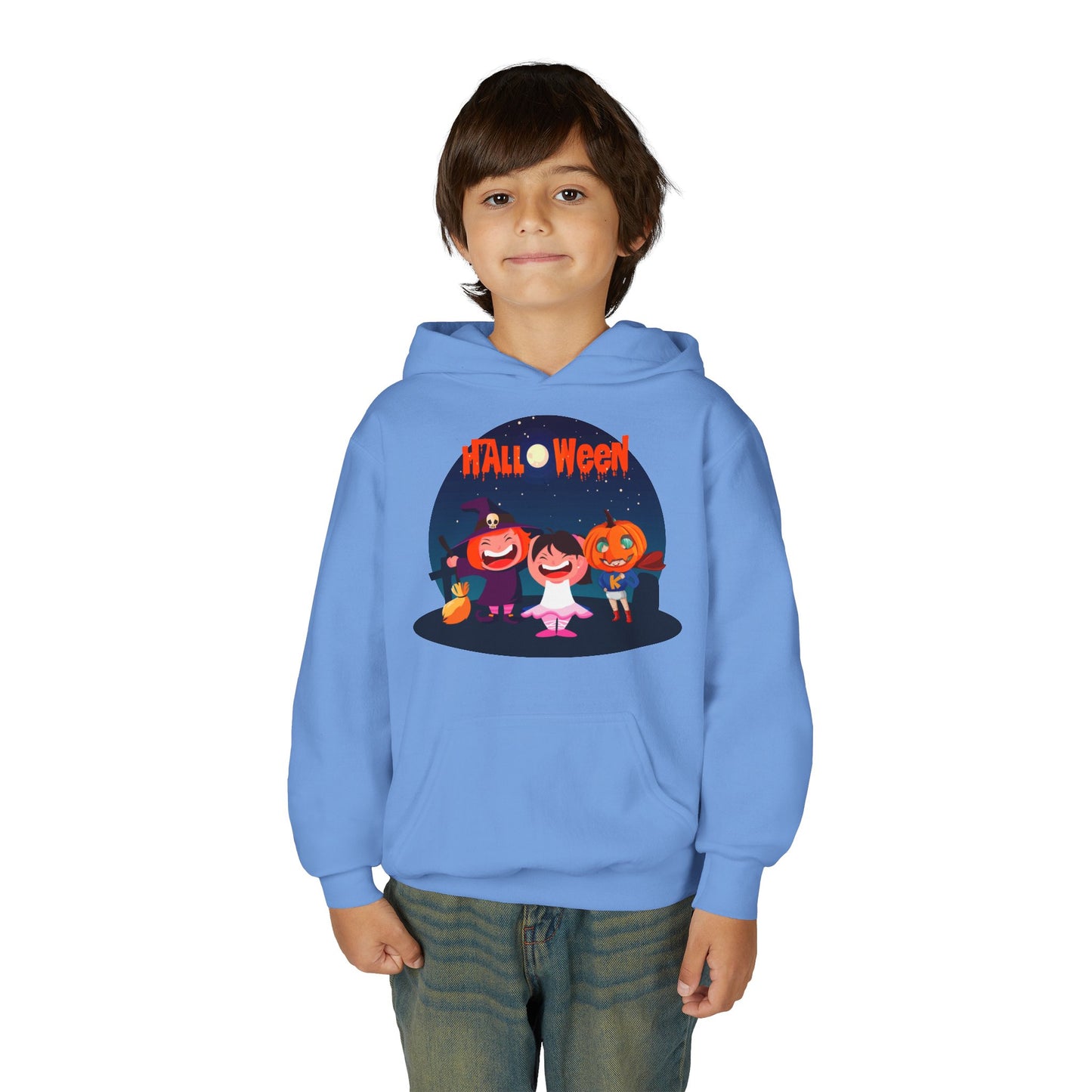 Youth Heavy Blend Hooded Sweatshirt - Super kiddo wearing pumpkin