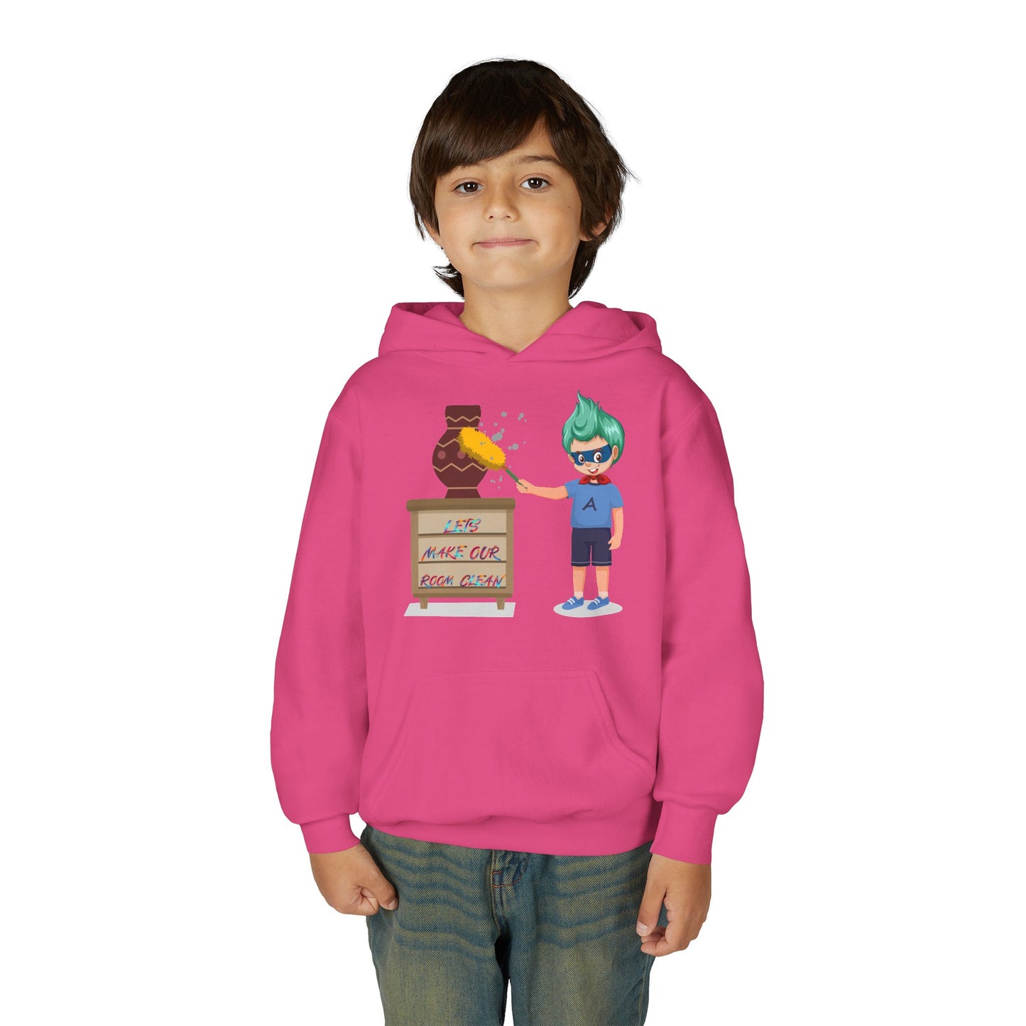 Youth Heavy Blend Hooded Sweatshirt - Super kiddo cleaning a vase