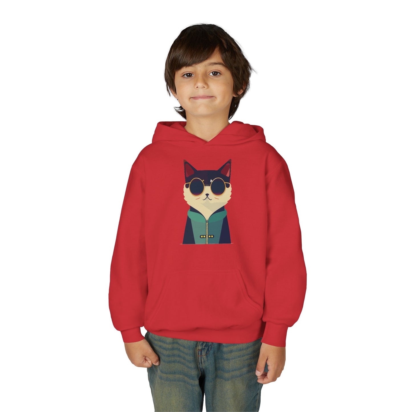 Youth Heavy Blend Hooded Sweatshirt - Cool Cat with Sunglasses
